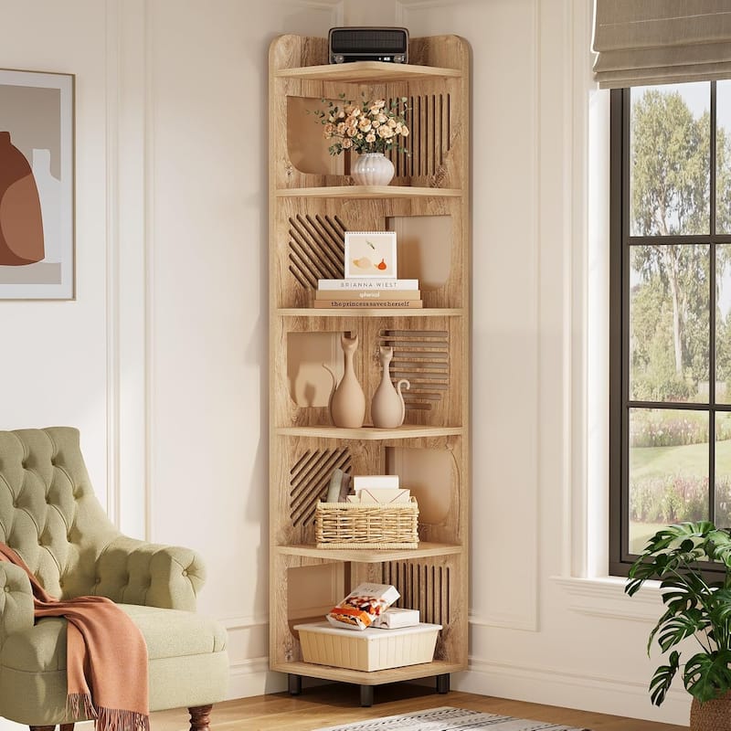 6-Tier Narrow Corner Shelf Stand, 71-Inch Rustic Tall Corner Bookshelf - Oak