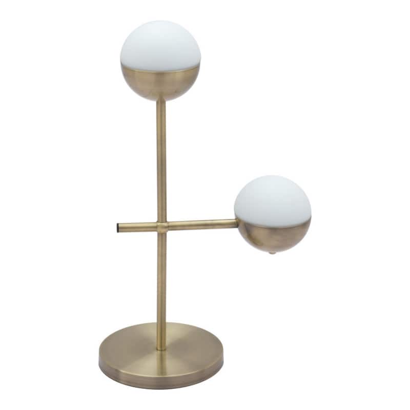 Brass Metal Bedside Table Lamp with Off White Glass Globe Shade Rotary Switch - 16.5” x 9.8” x 27.2” (D x W x H) - Brass-Off White