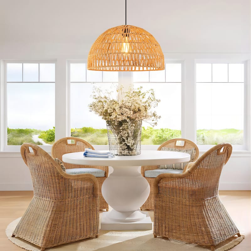 1-Light Modern Boho Single Bowl Hand Woven Rope Dome Pendant Kitchen Island Lighting