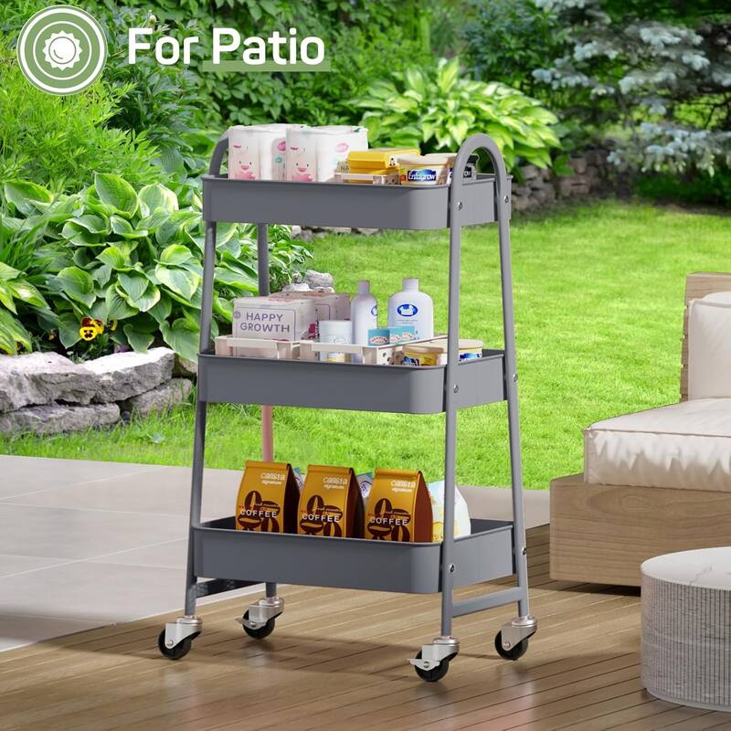 3 Tier Utility Rolling Cart, Metal Storage Cart, Storage Organizer Trolley for Kitchen, Living Room, Office, Garage