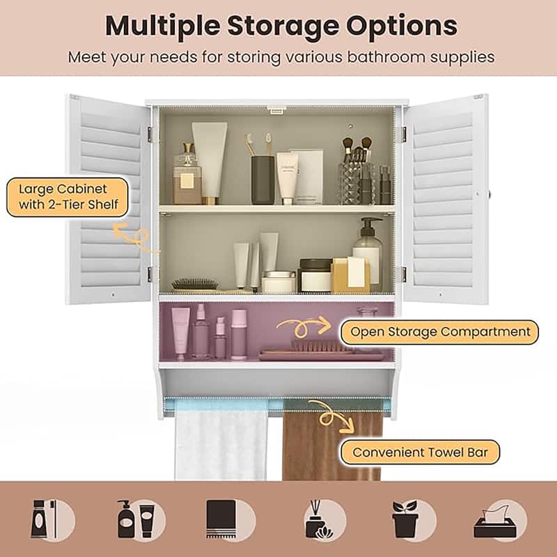 Bathroom Wall Mounted Medicine Cabinet w/ Towel Bar & Louvered Doors
