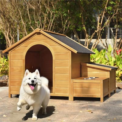 Outdoor Wooden Elevated Dog House Pet House with Feeder, Storage Box, Weatherproof, Suitable for Medium and Large Dogs