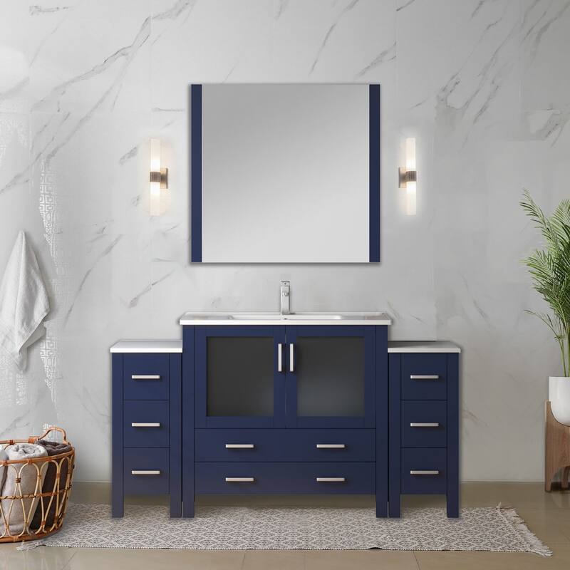 Lexora Volez 60 Inch Bathroom Vanity Cabinet in Navy Blue with Top and Mirror - Polished - Blue - Single Vanities