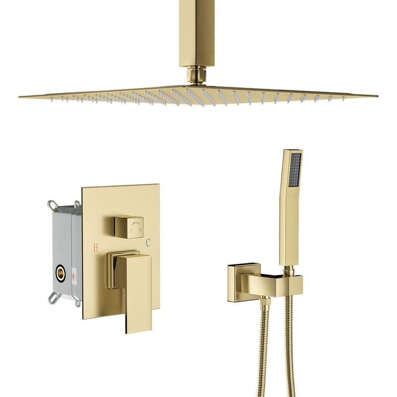 Lordear Shower System - Rainfall Overhead Shower and Handheld Shower Set with Valve Combo - Gold