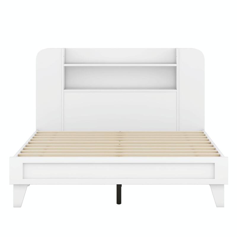 Platform Bed with Storage Headboard, Multiple Shelves on Both Sides