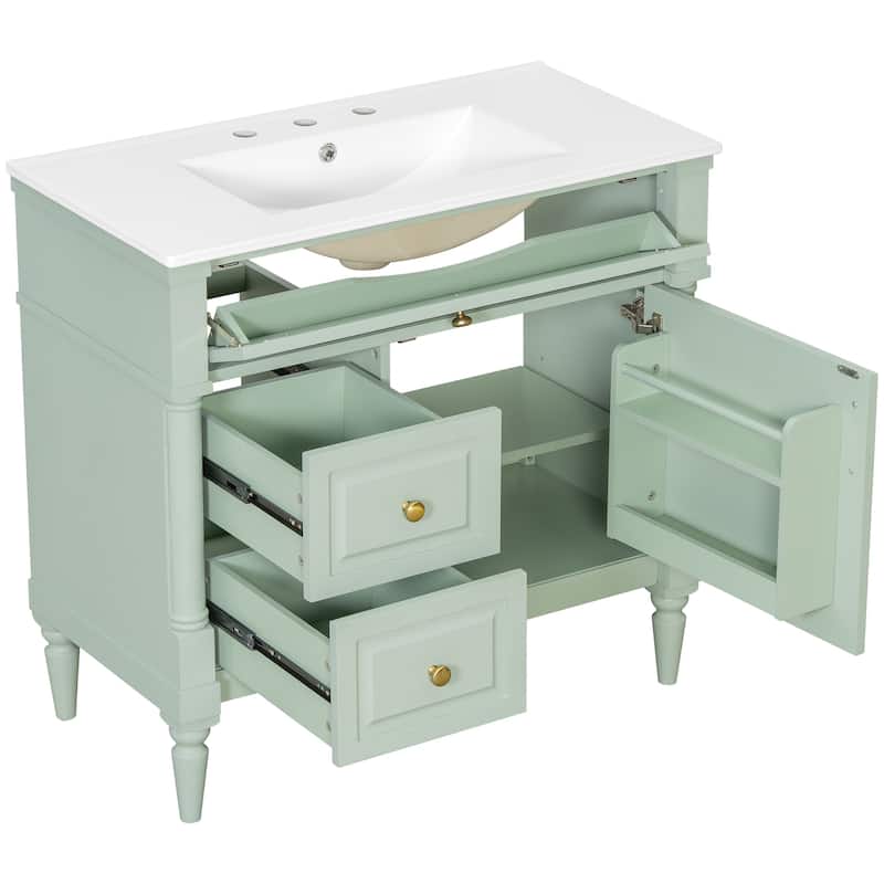 Roomfitters 36" Bathroom Vanity with Sink, Solid Wood Frame, Flip Drawer, 2 Drawers & Door Rack