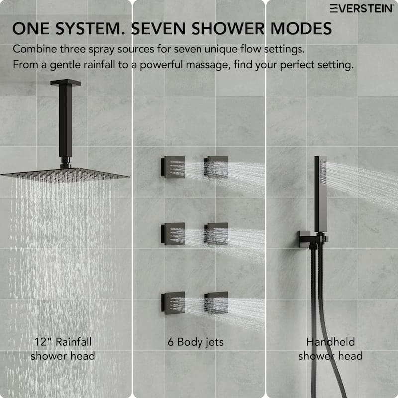 Shower System 12" Ceiling Rain Shower Head with 3-Way Thermostatic Faucet & Body Jets