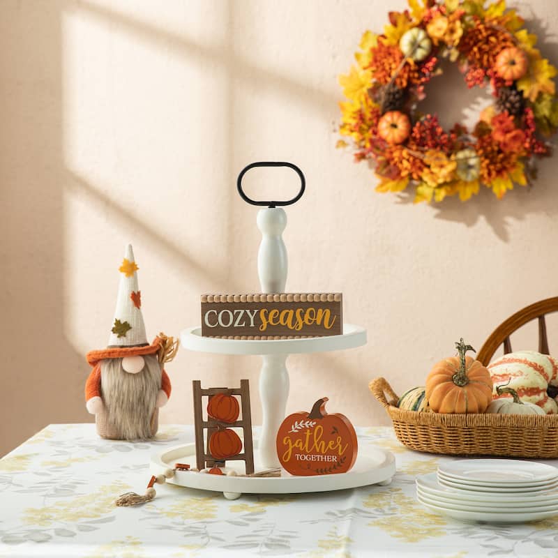 Glitzhome 18"H White Wooden Two-Tier Tray With Handle