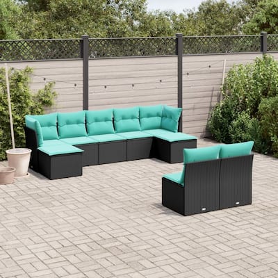 vidaXL 9 Piece Patio Sofa Set with Cushions Black Poly Rattan - 24.4x27.2x24.4-Without table