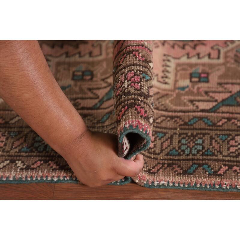 Pink Geometric Tabriz Persian Vintage Runner Rug Handmade Wool Carpet - 3'3"x 12'5"
