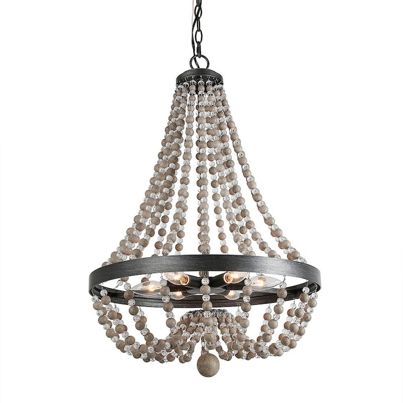 Farmhouse 6-Light Wood Beaded Chandelier Boho Coastal Pendant Light - D20.1" x H88.3"