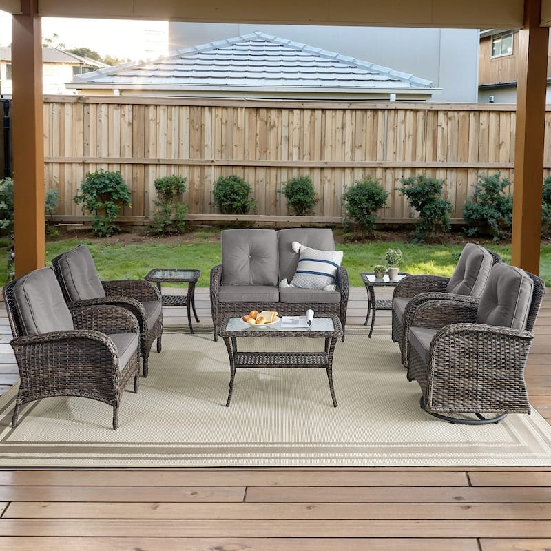 Outdoor Rocking Sofa with Club Chairs, Swivel Chair and Table - Brown - Grey