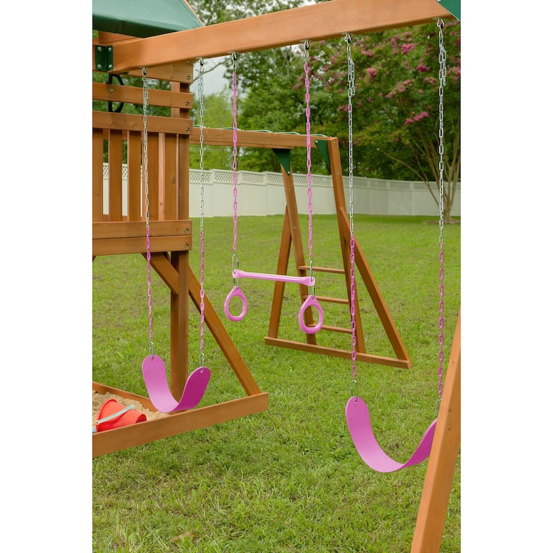 Mountain View Swing Set with Tarp Roof, Climbing Wall, Monkey Bars
