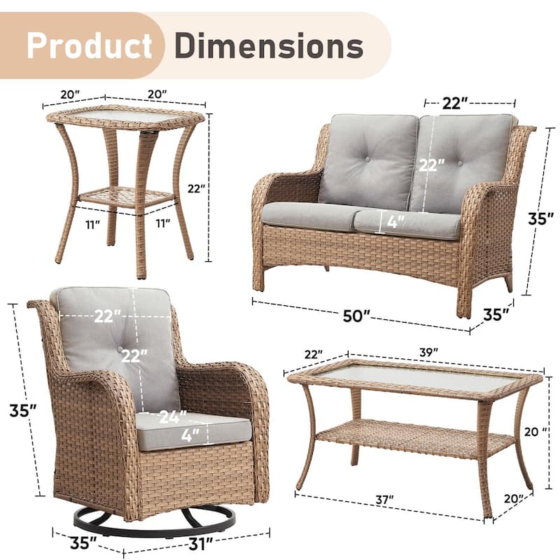 Pocassy 4 Pieces Outdoor 4 Inch Sofa Swivel Chairs Table
