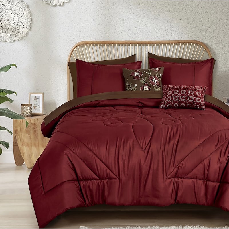 9 Piece Bed-in-a-Bag Burgundy Floral Solid Soft Bedding Comforter Set - California King