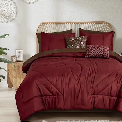 9 Piece Bed-in-a-Bag Burgundy Floral Solid Soft Bedding Comforter Set