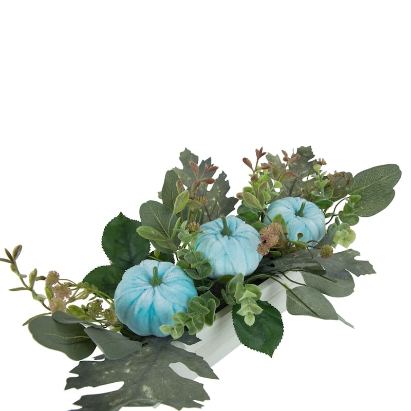Fall Harvest Foliage and Pumpkins In Wooden Planter - 18" - Blue