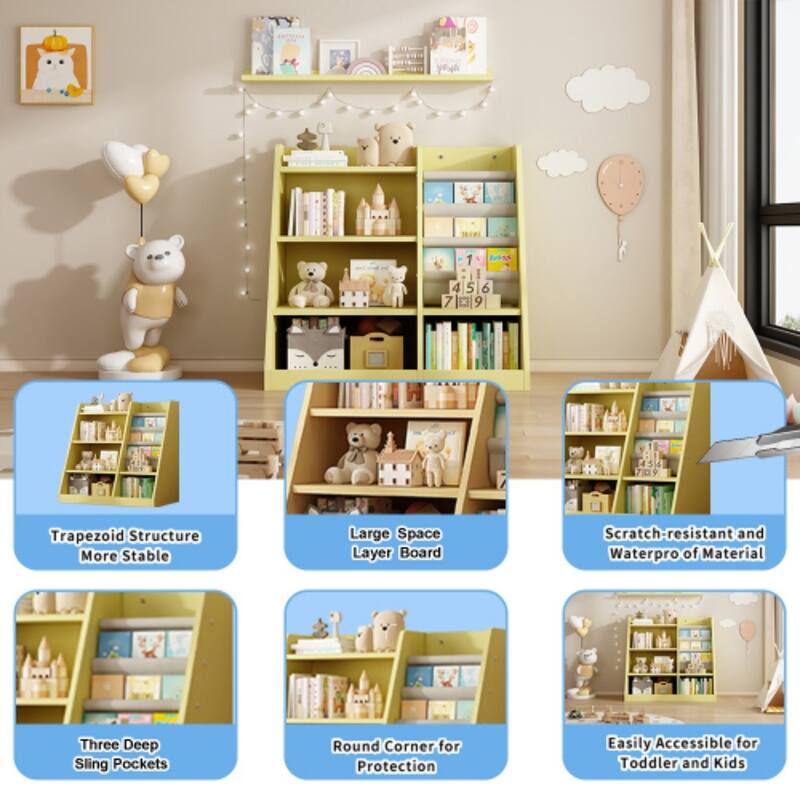 Wooden Toy Storage Organizer Cabinet Natural/ Wood Kids Bookshelf Children Bookcase Toddler Baby Sling Book Rack Shelf