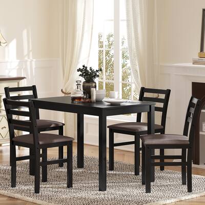 5 Pcs Dining Set, Rubber Wood Rectangular Table with 4 Upholstered ...