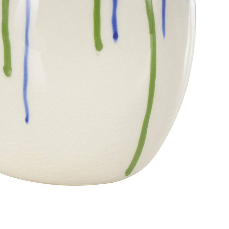 White Ceramic Abstract Decorative Vase with Green and Blue Drip Design and Handle