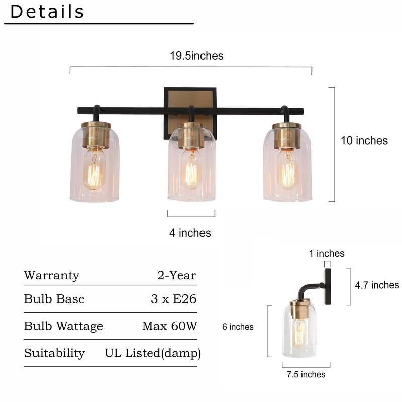 Modern 3-Light Black Gold Linear Bathroom Vanity Light Cylinder Glass Wall Sconces