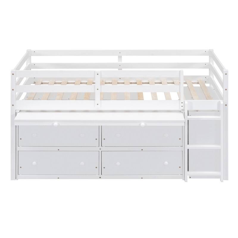 Twin/Full Size Low Loft Bed with Retractable Writing Desk and 4 Drawers, Wooden Loft Bedframe w/ Lateral Portable Desk & Shelves
