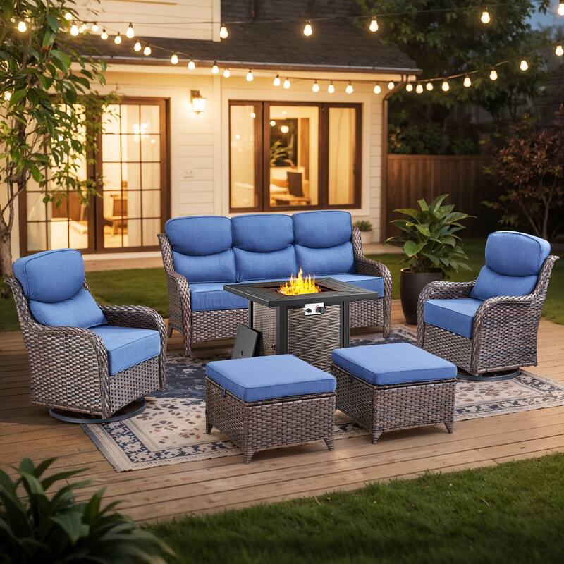 Pocassy 6/7PCS Patio Sofa Swivel Chair with 30" Fire Pit Tab;e - 6-Piece Sofa Siwvel Chair Ottoman w/ Fire Table - Blue Cushion Brown Wicker