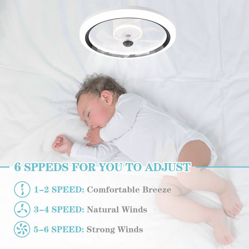 20" White Flush Mount Ceiling Fan with Dimmable Light, 6-Speed Low Profile Reversible Ceiling Fan with APP Control and Remote