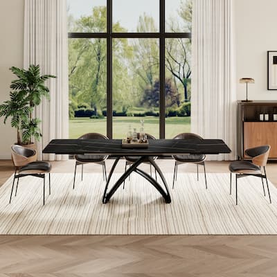 63-95"Extendable Modern Dining Table for 6-10, Black Sintered Stone Tabletop