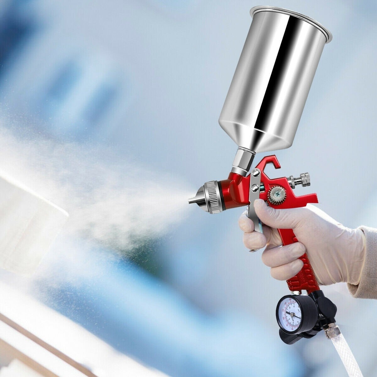 Compressed Air Spray Gun - 1.4mm Nozzle - Lightweight HVLP Automotive Paint Spray Gun for Base Coats Clear Coats - Includes Air Pipe Con