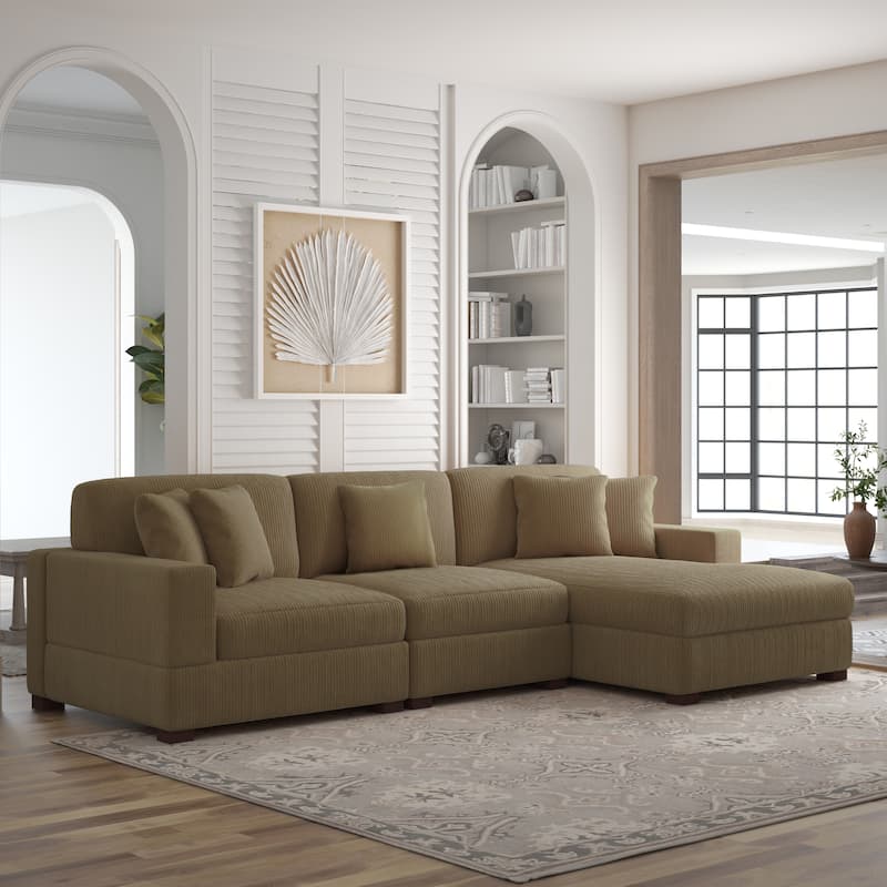 118" W Corduroy L-shape Modular Sectional Sofa with Pillows - Camel - Right Facing