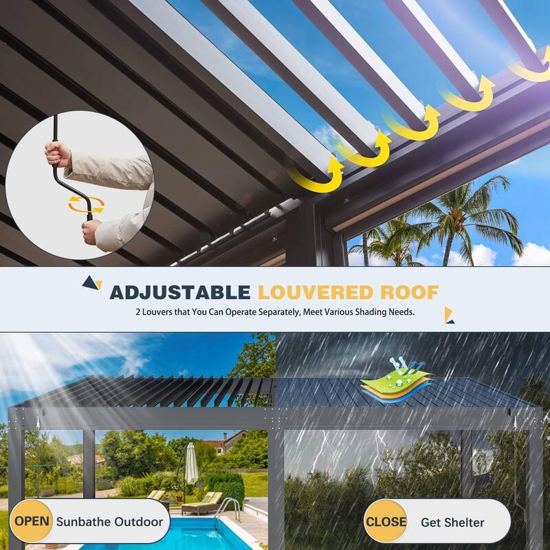 EROMMY Outdoor Louvered Pergola Gazebo with Adjustable Aluminum Rainproof Roof and Pull-Down Screen