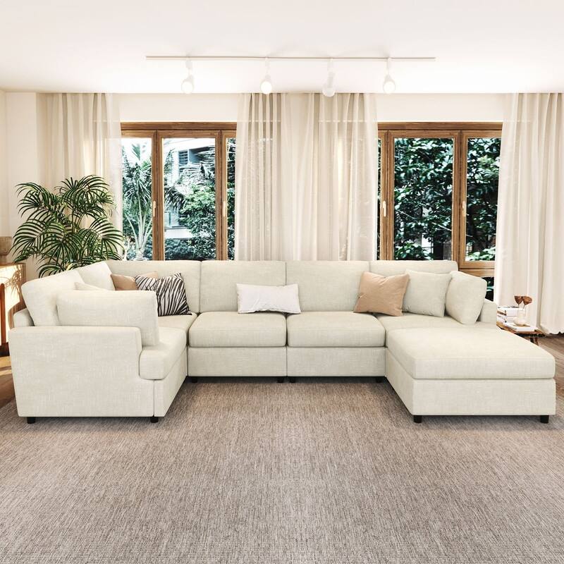 6-Piece U-Shaped Sectional Corner Sofa with Movable Ottoman and Durable Chenille Fabric for Versatile Living Spaces