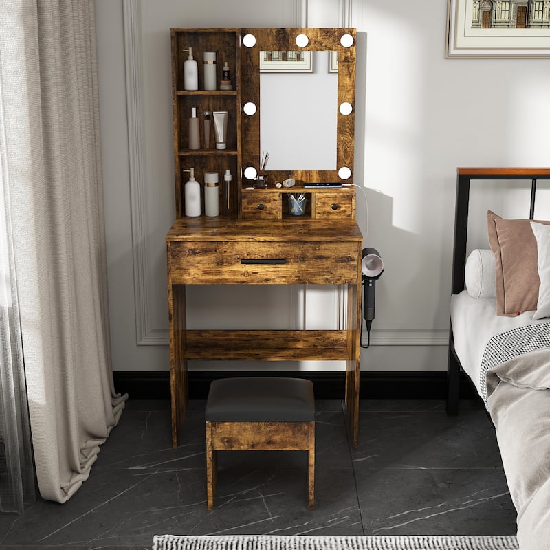 Vanity Table with Mirror & Adjustable LED Lights, Power Outlet, Hairdryer Holder & Stool - Compact Dressing Desk - Vintage