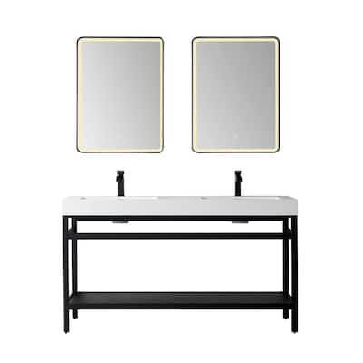 Ablitas 60M" Double Vanity in Metal with Stone Sink Top&Mirror