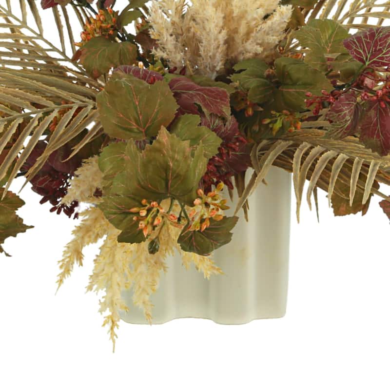 Danica Ivy and Areca Palm Arrangement in a Ceramic Vase - Burgundy, Red, Green, Beige, White