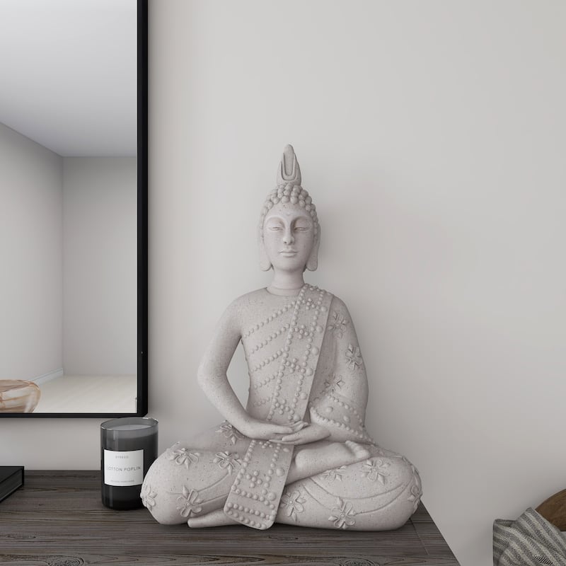 Gray Magnesium Oxide Indoor Outdoor Meditating Buddha Decorative Garden Sculpture with Floral Carvings and Beaded Details