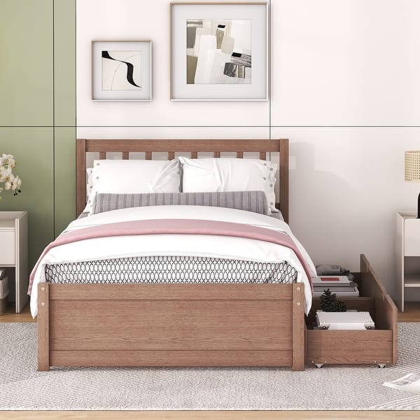 slide 2 of 9, Twin Size Platform Bed with 2 Drawers, Wooden Twin Bed Frame with Headboard and Solid Wood Slats Support for Kids,Teen,Adult Walnut - Twin