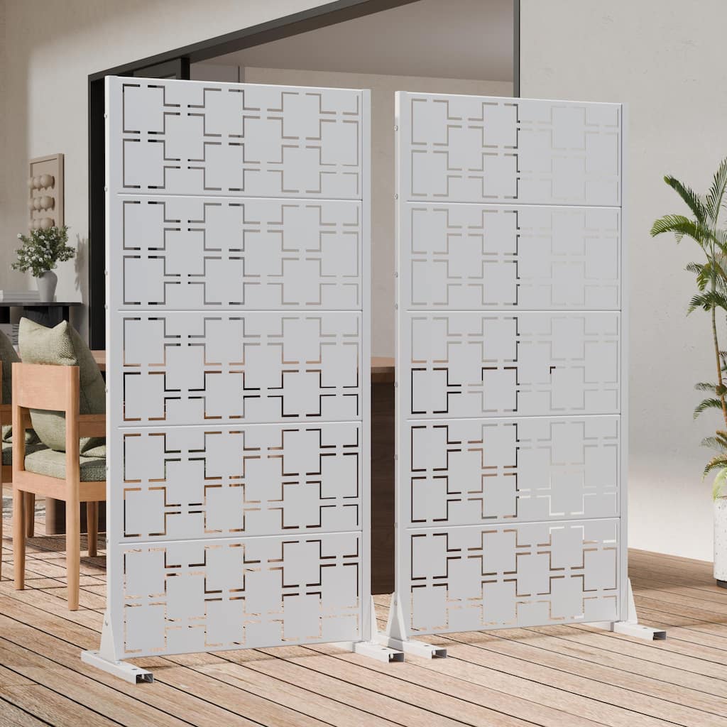Outdoor Metal Privacy Screen 2 Panels Freestanding Decorative Privacy Panel with Planter Hooks & Windproof Base - 60"H x 60"W