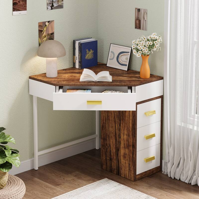 90-Degree Writing Corner Desk, Triangle Computer Desk with 3 Drawers