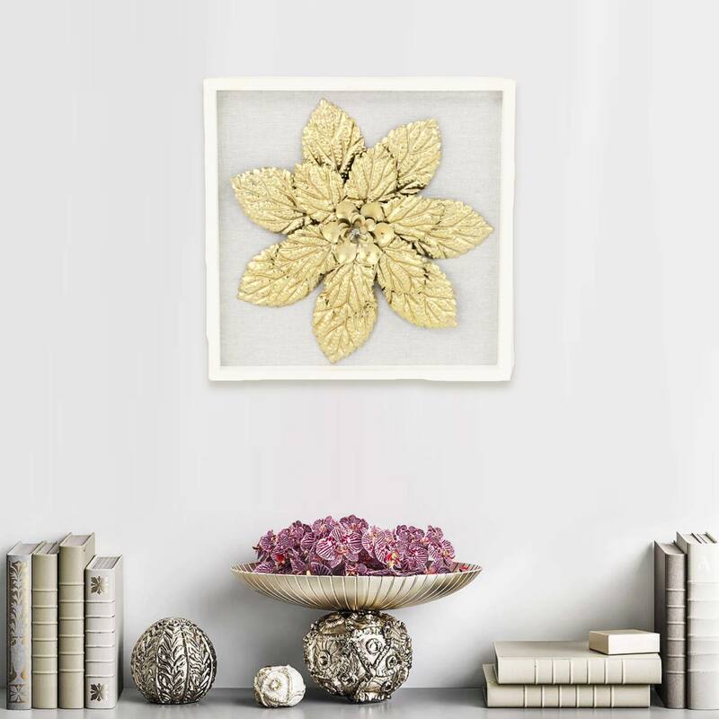 Gold Wood Framed Metal Flower Wall Decor - Gold