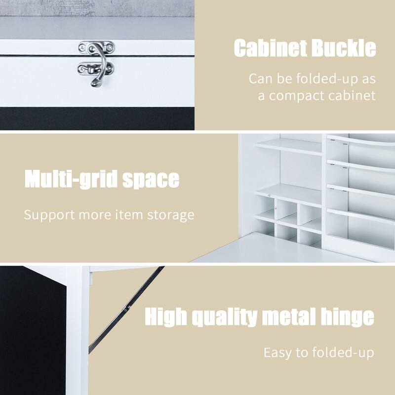 Utopia Alley Collapsible Fold Down Desk Table with Storage Cabinet & Shelves - Wall Mounted Desk Furniture with Chalkboard Wall