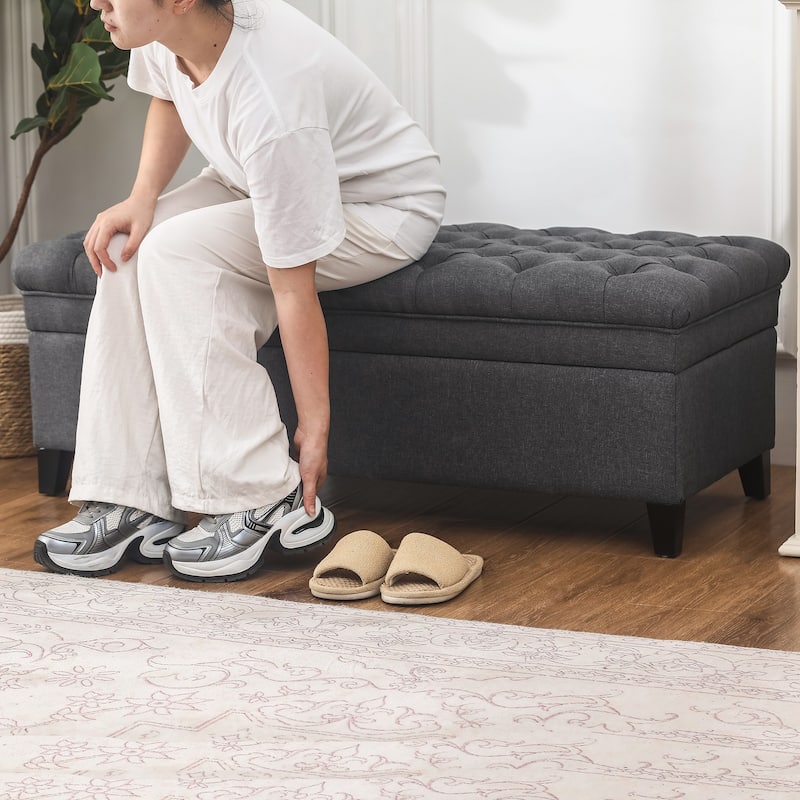 Adeco Linen Rectangle Storage Ottoman for Living Room Bedroom