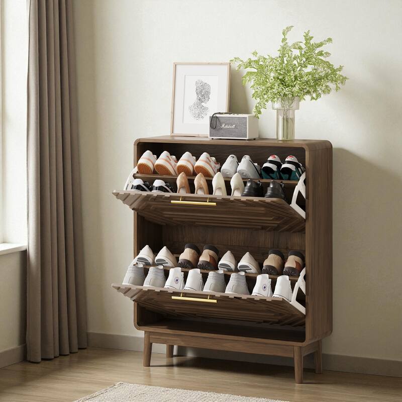 31.5" Walnut Shoe Cabinet with 2 Flip Drawers, Mid-Century Modern Freestanding Shoe Storage Organizer