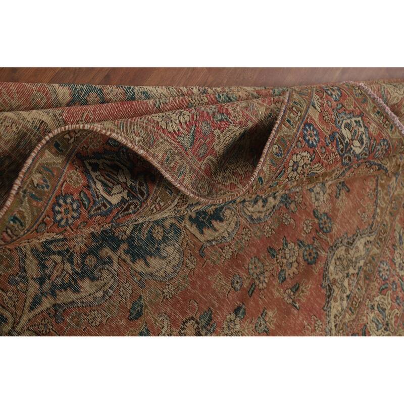 Medallion Tabriz Persian Vintage Rug Hand-Knotted Orange Wool Carpet - 7'9"x 10'7"
