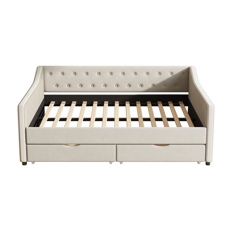 Full Size Daybed With Drawers Upholstered Tufted Sofa Bed, With Button On Back And Piping On Waved Shape Arms