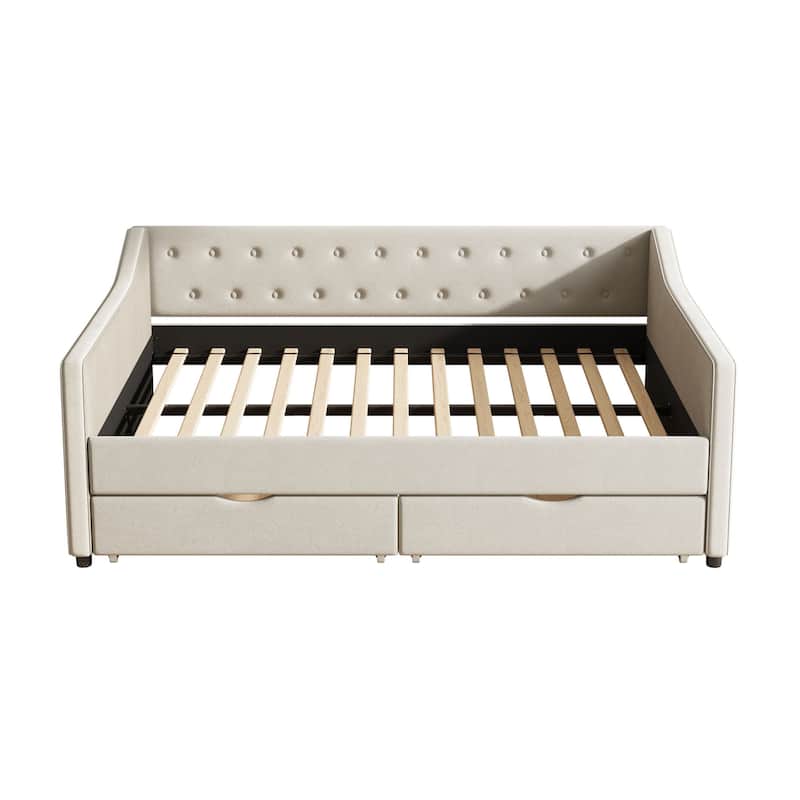 Full Size Upholstered Daybed with Drawers, Waved Arms and Tufted Back