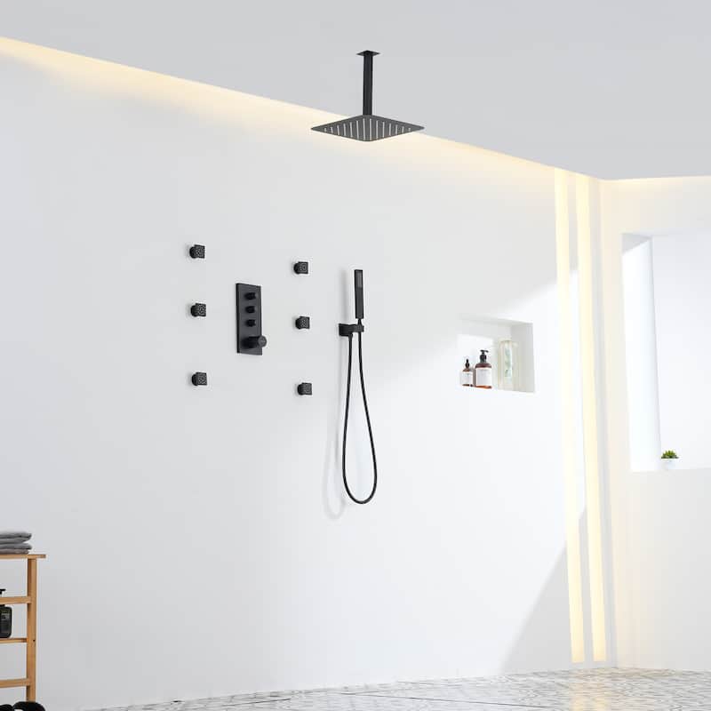 3 Functions 12 Inch Ceiling Mounted Thermostatic Shower System in Matte Black