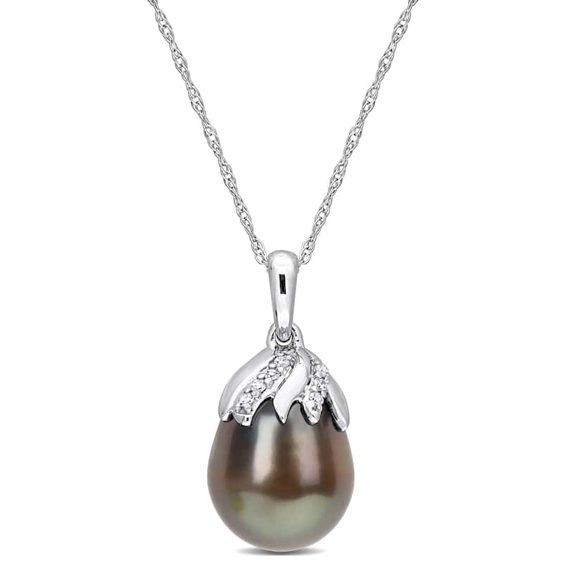 Miadora Black Tahitian Cultured Pearl & Diamond Accent Drop Necklace in 14k White Gold (9-10mm)