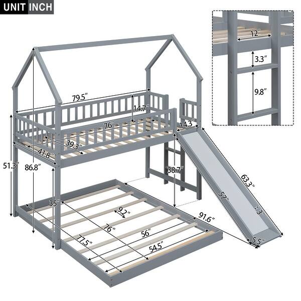 dimension image slide 0 of 2, Twin over Full Wood House Bunk Bed with Slide and Built-in Ladder, Full-Length Guardrail - Stylish & Functional Design